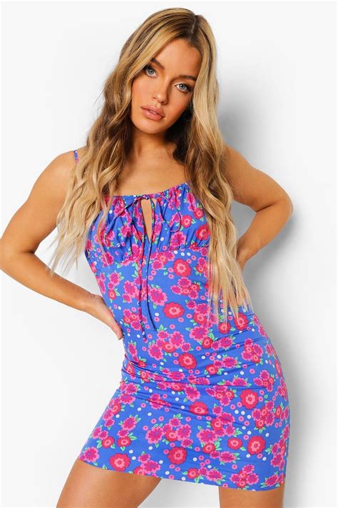 Floral Print Ruche Bust Mini Dress Boohoo Uk