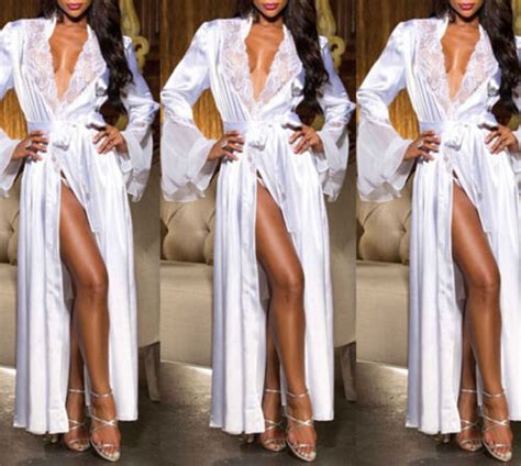 Women S Satin Lace Silky Sleep Robe Long Dress Sexy Lingerie Babydoll Nightdress EBay