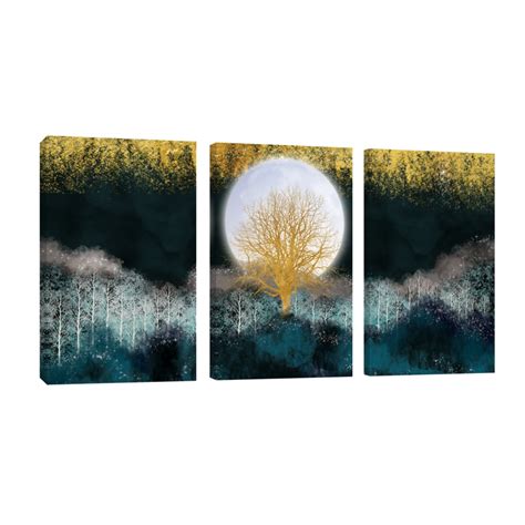 Cuadro Canvas Revolution Tríptico Vertical Luna Blanca Y Árbol Set De 3