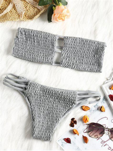Off Bandeau Smocked Bikini Bra With Bottoms In Gray Zaful