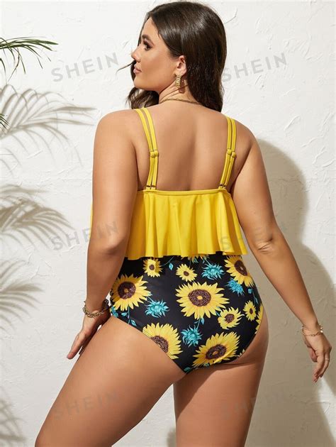 Shein Swim Lushore Summer Beach Plus Sunflower Print Tankini Set Hanky