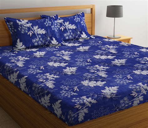 Buy Arrabi Blue Leaf Tc Cotton Blend King Size Fitted Bedsheet With