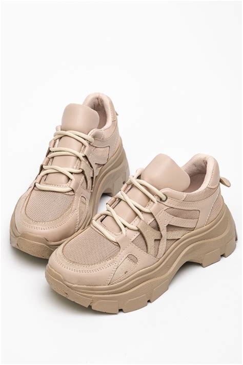 Kadın Bej Kalın Taban Sneaker Spor Ayakkabı Nude Bitmedeniste