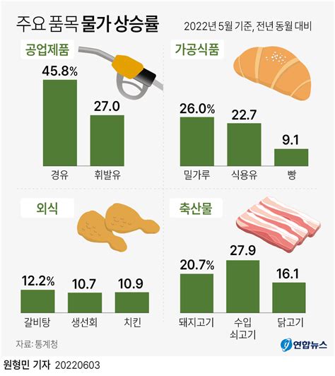 그래픽 주요 품목 물가 상승률 연합뉴스