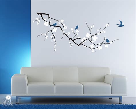 Cherry Blossom Tree Branch Wall Decal with Birds Vinyl Wall