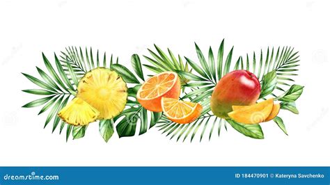 Watercolor Tropical Fruits Horizontal Border With Orange Ananas