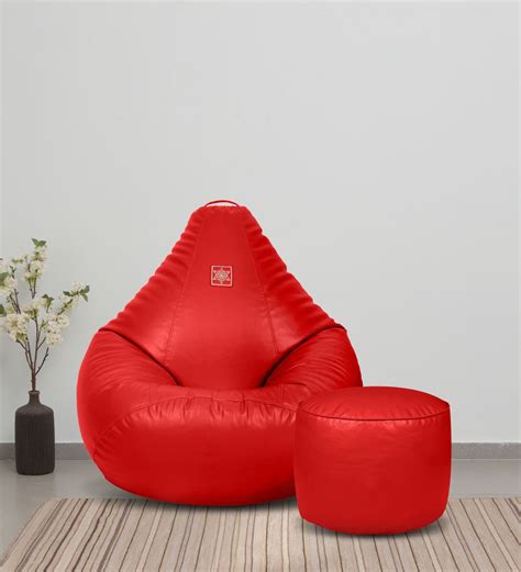 Buy Unique XL Leatherette Bean Bag With Beans In Red Colour With Pouffe