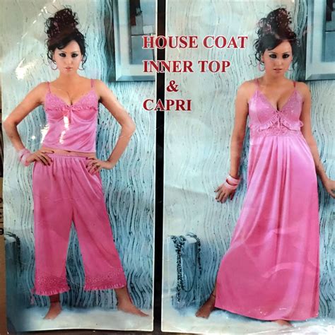 Lacey Pcs Sleepwear House Coat Inner Top Capri Lingerie Satin Nighty Free Delivery India