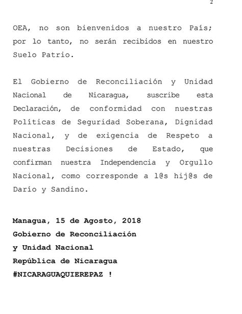 Régimen De Ortega Declara “inaceptable” Ingreso De La Comisión De La Oea A Nicaragua Artículo 66