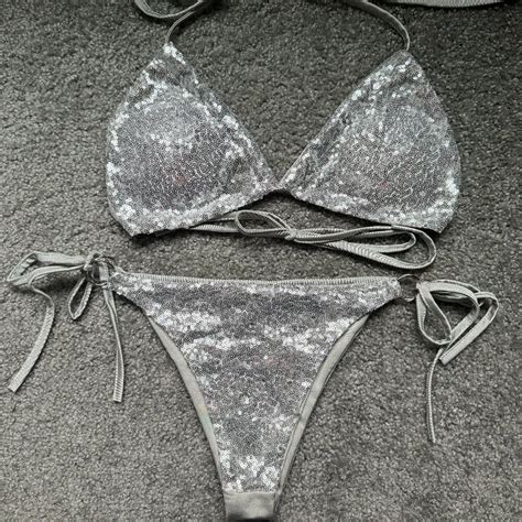 Silver Sequin String Bikini Piece Gem