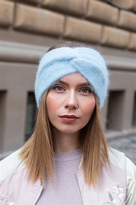 Angora Headband Twist Fluffy Headband Blue Knitted Ear Warmer