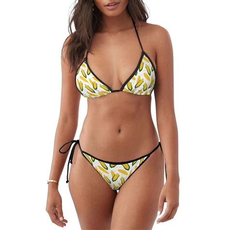 Defioc Corn On The Cob Pattern Sexy Bikini Set For Women Two Piece Swimsuit V Neck Swimwear