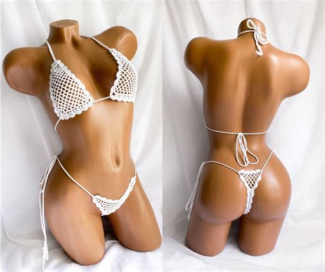 Sexy Crochet Bikini Set Sheer Thong Swimsuit White Womens G Etsy