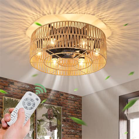 Garwarm 19in Boho Caged Ceiling Fan With Light Flush Mount Enclosed