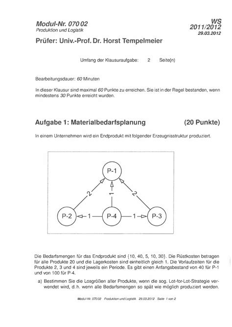 Klausur 29 März WS 2011 12 Fragen Produktion und Logistik Modui Nr