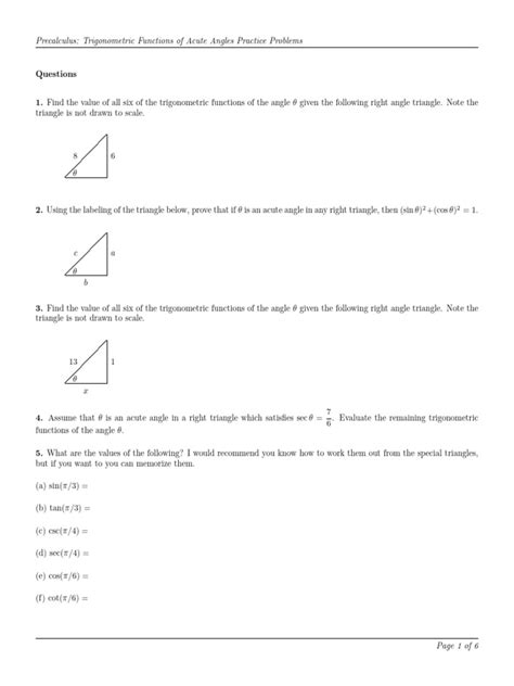 Trig Functions Acute Angles Pp Pdf Trigonometric Functions Triangle