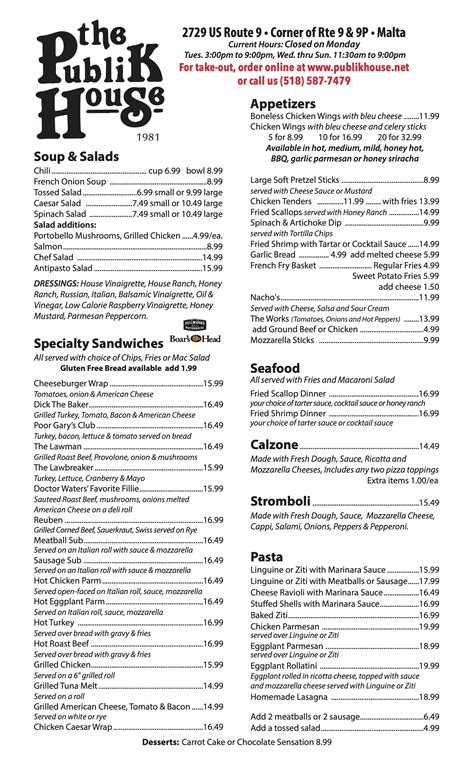Full Menu and Dining Information for Coleman Public House 1