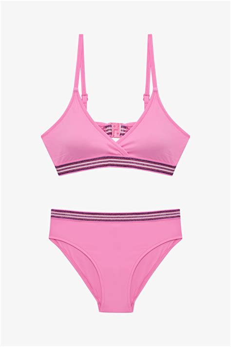 Açık Pembe Genç Kız Shay İnce Bant Detaylı Üçgen Bikini Takımı PLQKQ IY LP Açık Pembe Penti