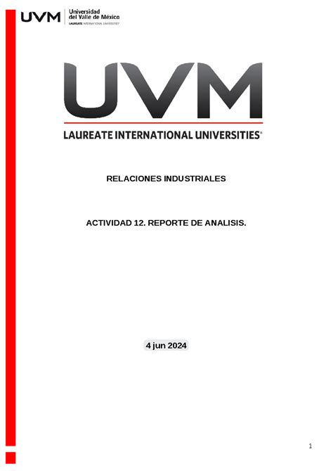 Actividad 12 Reporte De Analisis RELACIONES INDUSTRIALES ACTIVIDAD