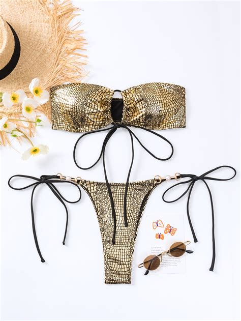 SHEIN Swim SXY Conjunto de bikini con estampado de cocodrilo metálico