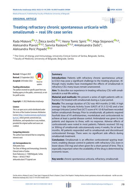 PDF Treating Refractory Chronic Spontaneous Urticaria With Omalizumab