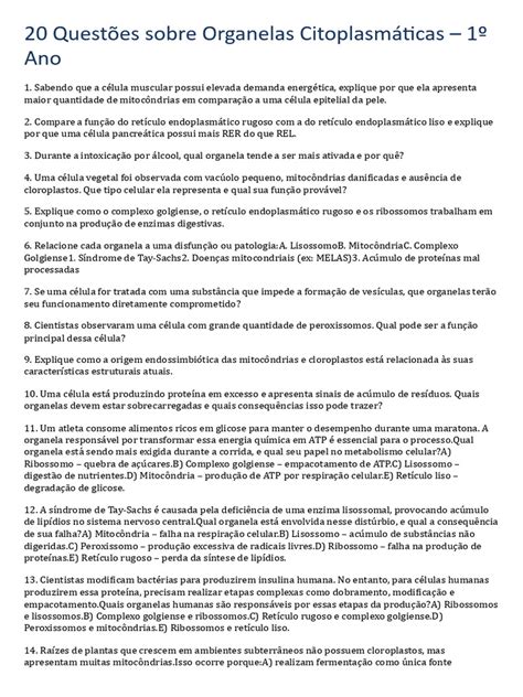Questões Organelas Citoplasmáticas - 20 Questões sobre Organelas Citoplasmáticas | PDF | Célula (Biologia ...