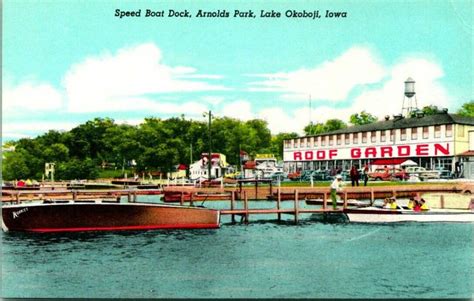 Vintage Postcard Lake Okoboji Iowa Speed Boat Dock Arnolds Park