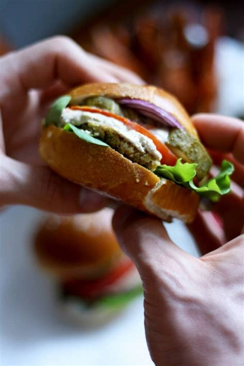 Vegan Falafel Burger With Tahini Sauce And Sweet Potato Fries • Happy