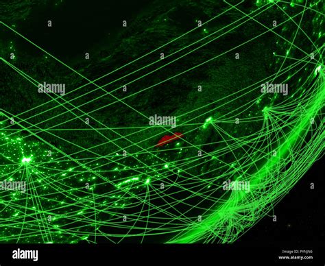 Bhutan On Green Model Of Planet Earth With Network At Night Concept Of