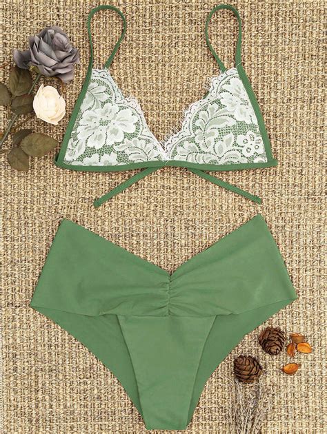 Lace Overlay Scrunch Butt Bikini Set In Pea Green Zaful