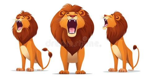 Three Cartoon Lions Roaring Together In A Playful Illustration Stock