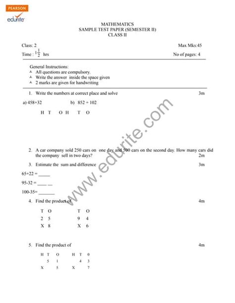 Class 2 Cbse Maths Sample Paper Term 2 Model 2 Pdf