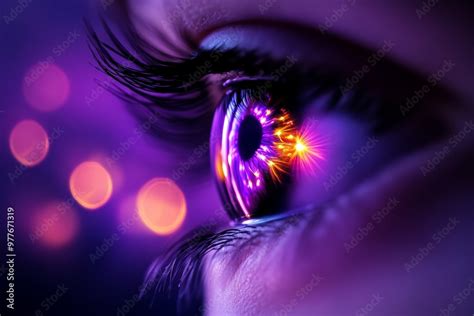 Striking close up of purple eye glowing with vibrant light effects ...