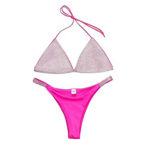 Zaxarra Women Glitter Swimwear Sequin Bikini Shiny String Bra Swimsuit Beach Wear For Party