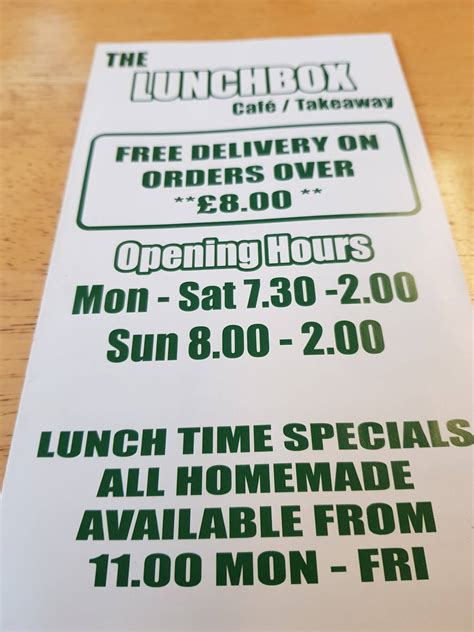 Menu at The Lunchbox Shop cafe, Oldham