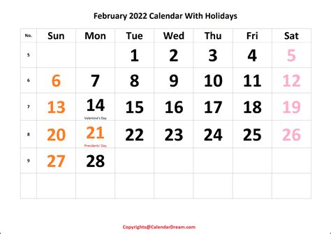 February 2022 Calendar With Holidays | Calendar Dream