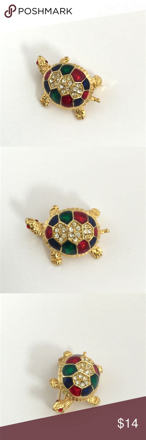 Small Gold Tone Enamel Rhinestone Turtle Brooch Rhinestone Turtle