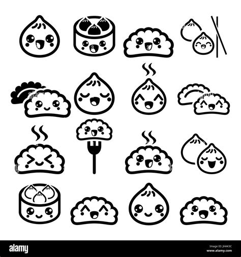 Kawaii Chinese Dumplings Cute Asian Food Dim Sum Vector Icons Set