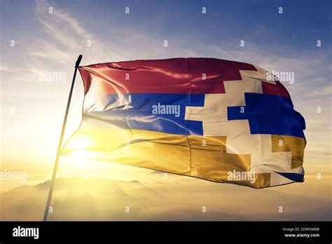 Artsakh Nagorno Karabakh Republic Flag Waving On The Top Sunrise Mist