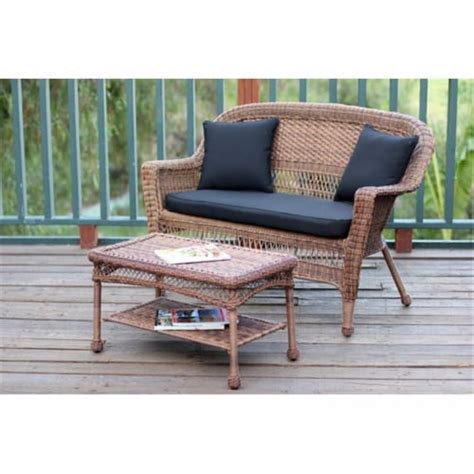 Jeco W00205 LCS017 Honey Wicker Patio Love Seat And Coffee Table Set