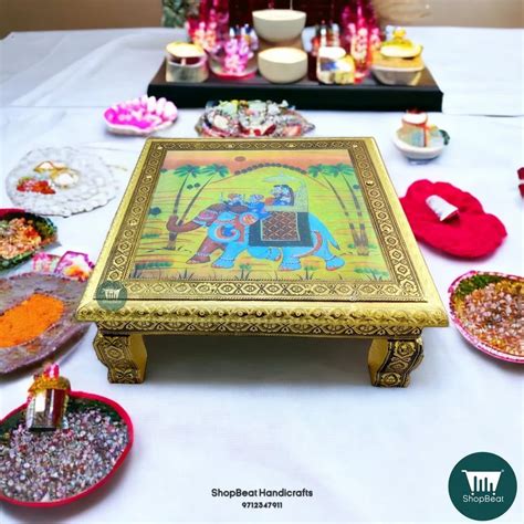 Shopbeat Golden Oxidised Elephant Poster Wooden Pooja Chowki X Inch