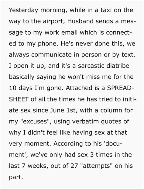 Husband Writes Down Every Time His Wife Refused Him Sex Sends Her An Email After She Leaves For