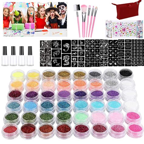 Glitter Tattoos Kit 48 Colors Waterproof Temporary Tattoos with 203 Stencils 5 Brushes 4 Glue ...