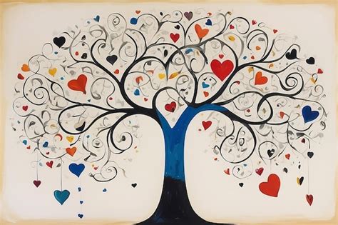 Image Of A Tree Of Life With Petals Of Hearts In The Style Of Joan Miro