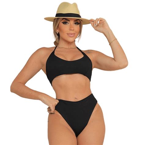 Conjunto Biquini Feminino Texturizado Top Faixa Malha Canelada Bojo Calcinha Hot Pant