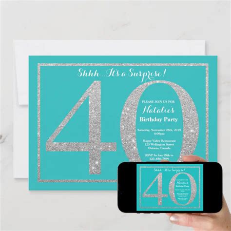 Surprise 40th Birthday Teal And Silver Glitter Invitation Zazzle