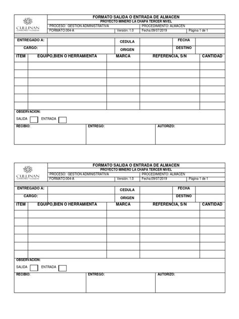 Formato Salida De Almacen Pdf