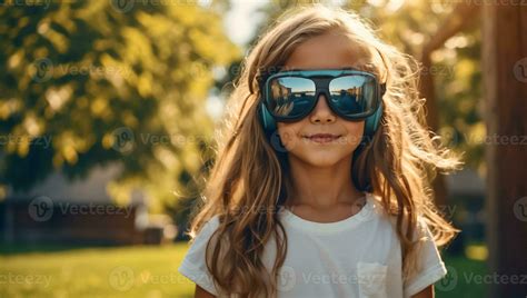 AI generated Girl in virtual reality glasses on the streets in summer
