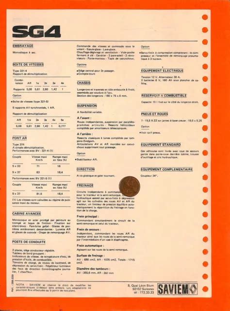 SAVIEM FICHE TECHNIQUE CHASSIS TRACTEUR SG 4 De 1975 EUR 4 90