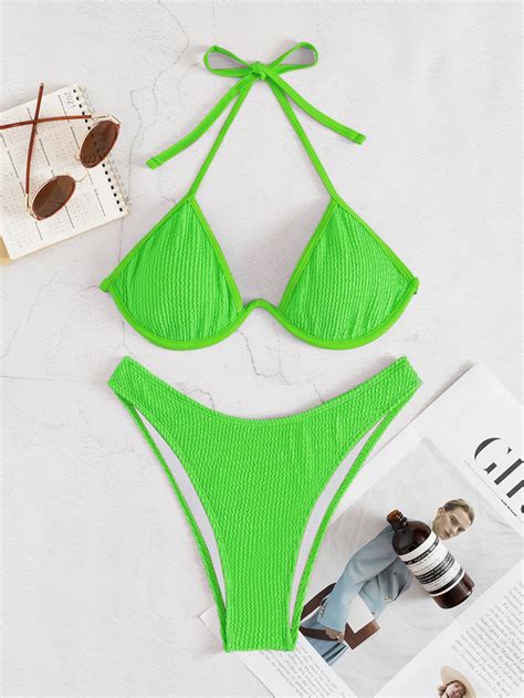 SHEIN Swim Vcay Bañador bikini simple con textura halter push up corte alto Moda de Mujer